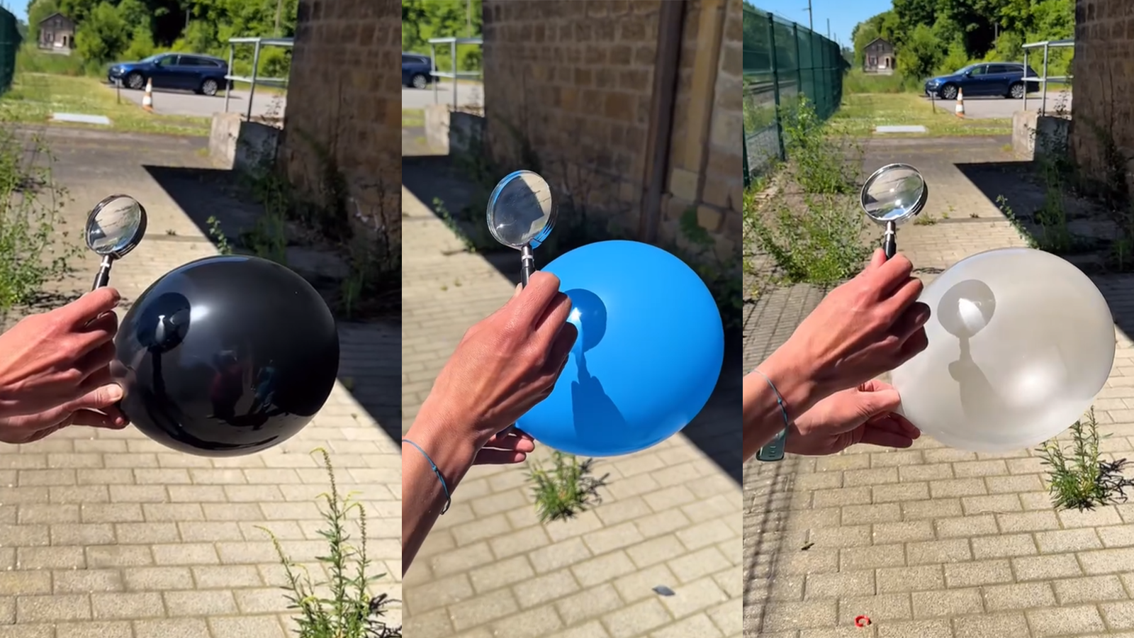 black balloon, blue ballon, transparent balloon with magnifiying glass