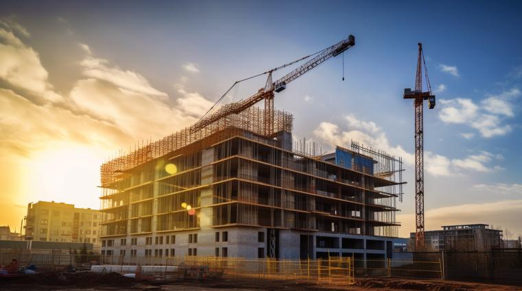 residential building construction site and sunset