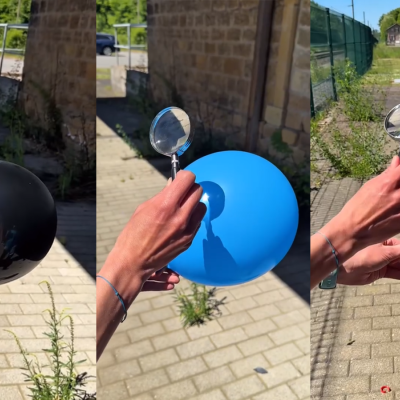 black balloon, blue ballon, transparent balloon with magnifiying glass
