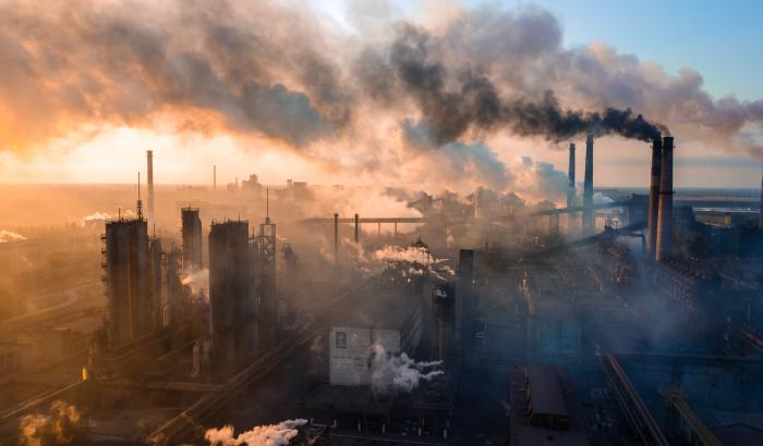 industry metallurgical plant dawn smoke smog emissions bad ecology aerial photography