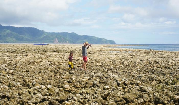 Des personnes marchent sur des coraux remontés à la surface à la suite d'un soulèvement côtier provoqué par un tremblement de terre le long de la réserve marine de Pangyan, à Glan, dans la province de Sarangani, à Mindanao, aux Philippines, le 18 juin 2026