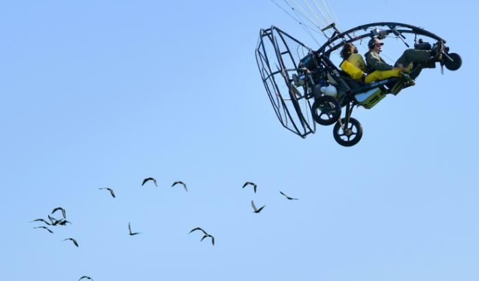 Des ibis chauves sont guidés depuis un ULM, lors d'une séance d'entraînement au camp de Binningen, dans le sud-ouest de l'Allemagne, le 22 juillet 2026