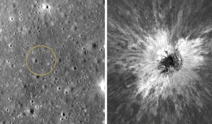Cette combinaison d'images diffusée le 16 septembre 2026 par la NASA montre la surface de la Lune avant l'impact (à gauche) puis après la formation d'un nouveau cratère, sur des clichés pris par la caméra de l'orbiteur de reconnaissance lunaire