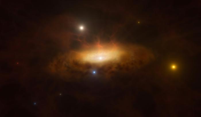 Vue d'artiste de la galaxie SDSS1335+0728, dans la constellation de la Vierge, au coeur de la quelle s'est réveillé un trou noir supermassif, dans une photo distribuée le 18 juin 2024 par l'Observatoire européen austral