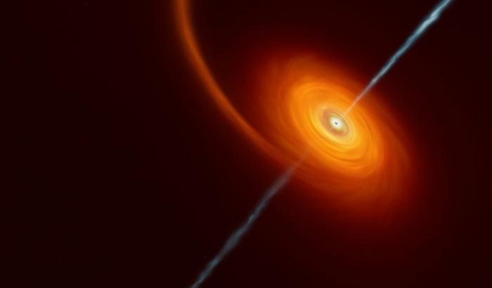 Vue d'artiste fournie par l'ESO le 30 novembre 2022 montrant un jet lumineux transitoire émis par un trou noir supermassif