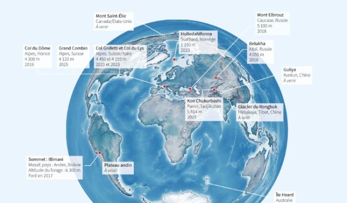 Carte du monde localisant les lieux de forage de carottes de glace réalisés par la Fondation Ice Memory, ainsi que le sanctuaire de la fondation inauguré le 14 janvier 2026 pour héberger ces carottes de glace