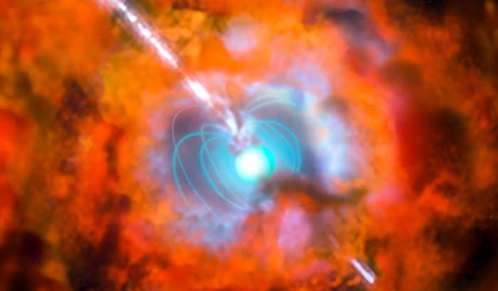 Vue artistique diffusée par l'Observatoire européen austral d'une étoile à neutrons dans le nuage de la supernova et l'explosion qui l'a vue naître