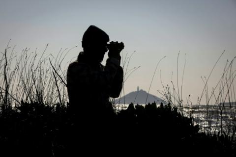 L'ornithologue Sean Ronayne observe des oiseaux avec des jumelles, sur la plage de Ballycotton, près de Cobh, le 3 avril 2025 en Irlande