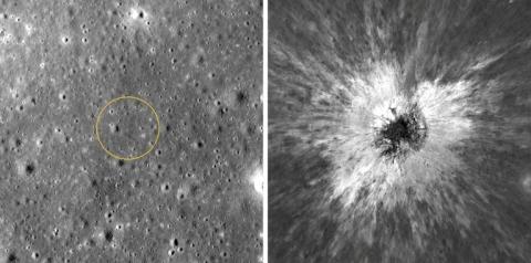 Cette combinaison d'images diffusée le 16 septembre 2026 par la NASA montre la surface de la Lune avant l'impact (à gauche) puis après la formation d'un nouveau cratère, sur des clichés pris par la caméra de l'orbiteur de reconnaissance lunaire