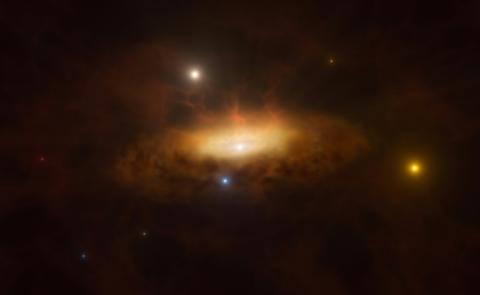 Vue d'artiste de la galaxie SDSS1335+0728, dans la constellation de la Vierge, au coeur de la quelle s'est réveillé un trou noir supermassif, dans une photo distribuée le 18 juin 2024 par l'Observatoire européen austral