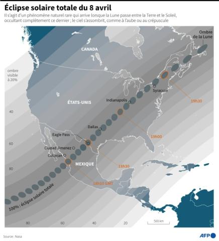 Carte montrant les zones où l'ombre de la Lune passera pendant l'éclipse solaire totale du 8 avril 2024, au Mexique, aux États-Unis et au Canada