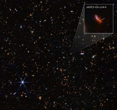 Image infrarouge du télescope spatial James Webb, diffusée par la Nasa le 30 mai 2024, montrant la galaxie JADES-GS-z14-0, la plus lointaine jamais observée