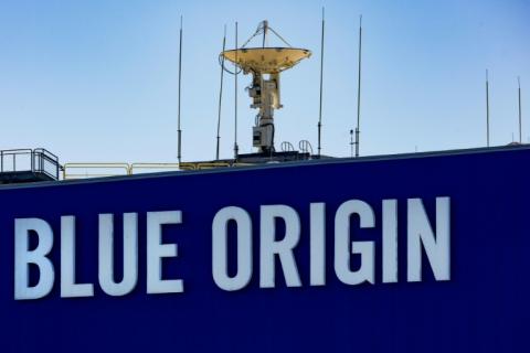 Le logo de Blue Origin à Cap Canaveral, en Floride, le 7 février 2026