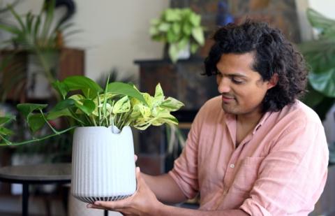 Vincent Nallatamby, directeur produit chez Google, montre sa plante Neo Px, chez lui à San Francisco, le 3 mai 2024 en Californie