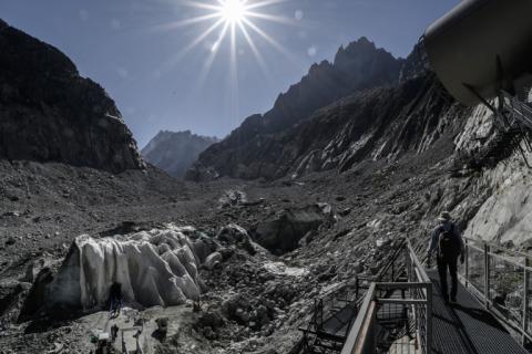 Ce qu'il reste de la Mer de Glace dans le massif du Mont-Blanc, dans les Alpes françaises, le 23 septembre 2026
