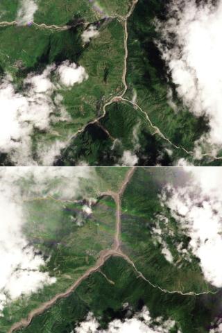 Cette combinaison de photos satellites, créée par Planet Labs le 26 août 2026, montre des vues aériennes du village de Shyaphrubesi et de la rivière Trishuli, dans le district de Rasuwa au Népal, avant la crue le 23 août 2026 (haut) et après la crue le 26 août 2026 (bas)
