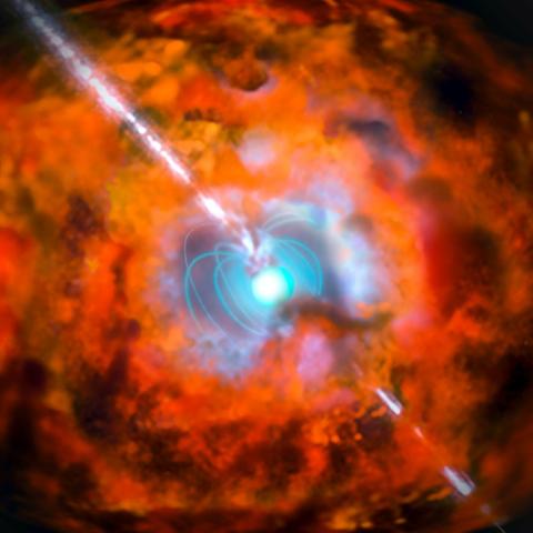 Vue artistique diffusée par l'Observatoire européen austral d'une étoile à neutrons dans le nuage de la supernova et l'explosion qui l'a vue naître