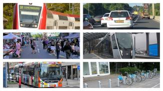 train car pedestrians tram bus bike