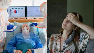 patient in hospital (left); woman touching front with hand (right)