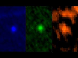 Image obtenue par la NASA, le 11 janvier 2013, montrant l'astéroïde Apophis capturé par l'instrument Photodetecting Array Camera and Spectrometer à bord de l'observatoire spatial Herschel de l'Agence spatiale européenne les 5 et 6 janvier 2013. L'image montre l'astéroïde Apophis dans trois longueurs d'onde: 70, 100 et 160 microns