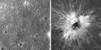 Cette combinaison d'images diffusée le 16 septembre 2026 par la NASA montre la surface de la Lune avant l'impact (à gauche) puis après la formation d'un nouveau cratère, sur des clichés pris par la caméra de l'orbiteur de reconnaissance lunaire