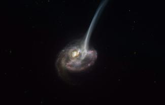 Photo fournie le 8 janvier 2021 par l'Observatoire européen austral, au Chili, montrant une représentation de la galaxie ID2299 et du gaz s'en échappant