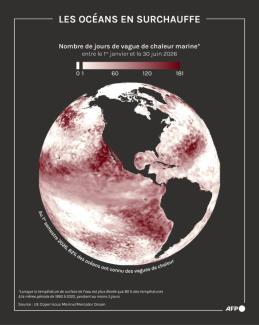 Globe terrestre représentant le nombre de jours de vagues de chaleur marine entre le 1er janvier et le 30 juin 2026, selon les données du service européen Copernicus Marine