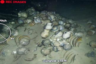 Un écran diffuse en direct des images de l'épave du Camara 4 et de sa cargaison, transmises par le ROV C 4000, lors d'une mission archéologique depuis la passerelle du BSAA Jason, au large de Ramatuelle, dans le Var, le 7 avril 2026